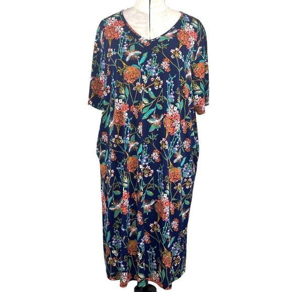 Ulla Popken Blue Orange Green Floral Short Sleeve Stretch Dress with Pockets 22 - Picture 1 of 6